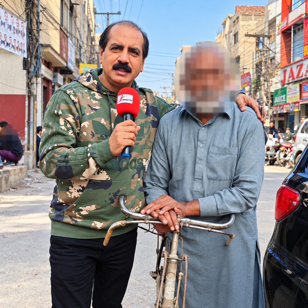 Saleem Iqbal interviewing a member of the community on a Lahore street