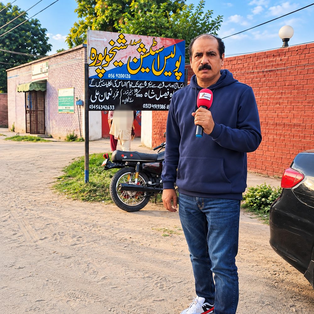 Saleem Iqbal reporting outside a police station in Punjab